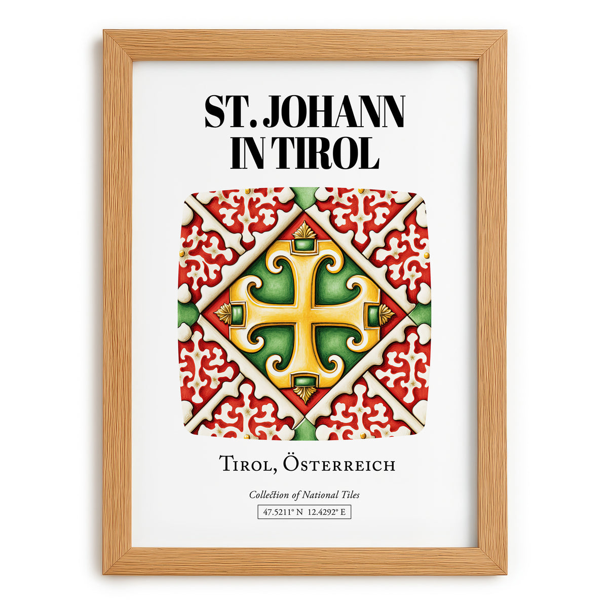 St. Johann In Tirol, Austria – Illustrated Travel Poster, set in oak frame