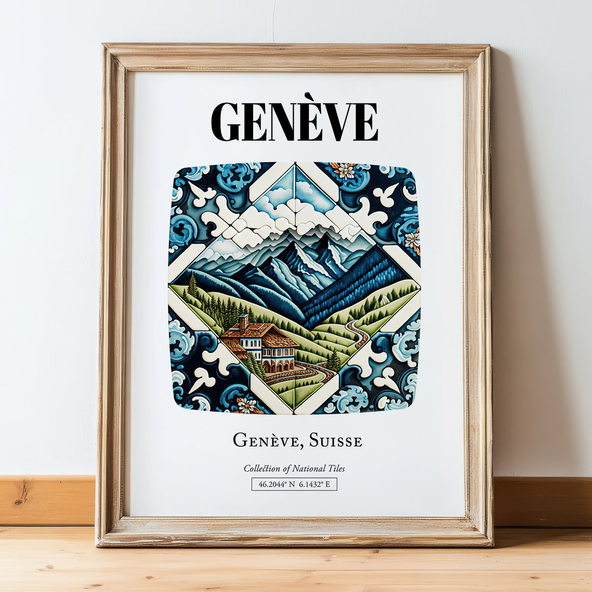 Genève, Switzerland – Vintage Travel Poster, in wooden frame leaning on the floor