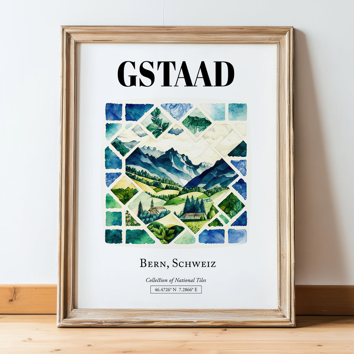 Gstaad, Switzerland – Wanderlust-Inspired Poster, in wooden frame leaning on the floor