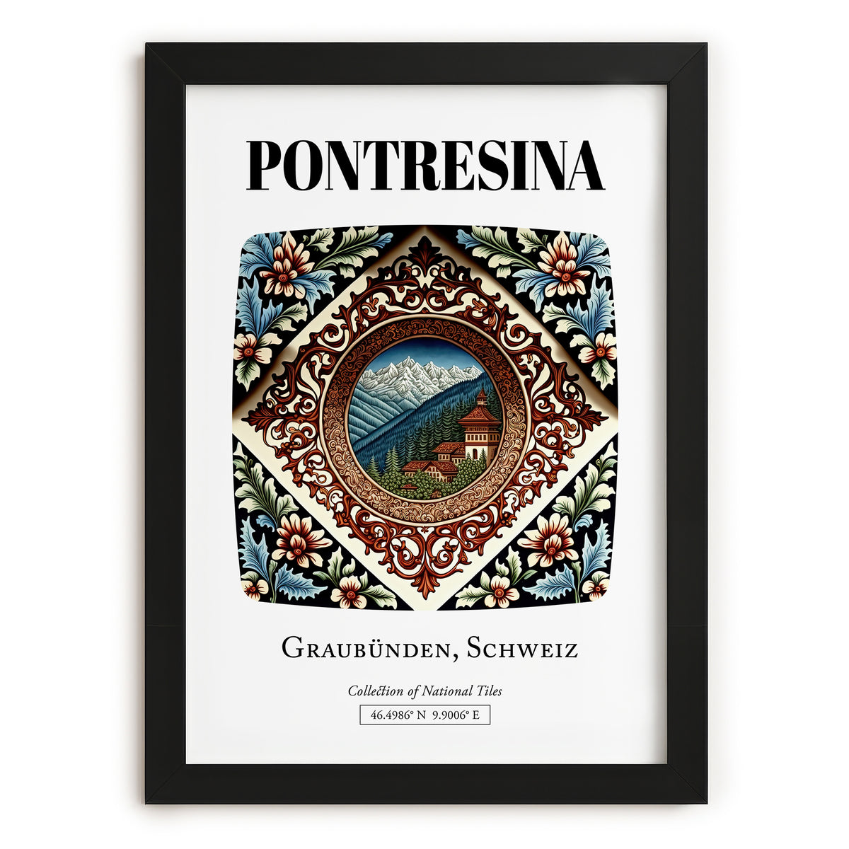 Pontresina, Switzerland – Travel Poster, in sleek black frame
