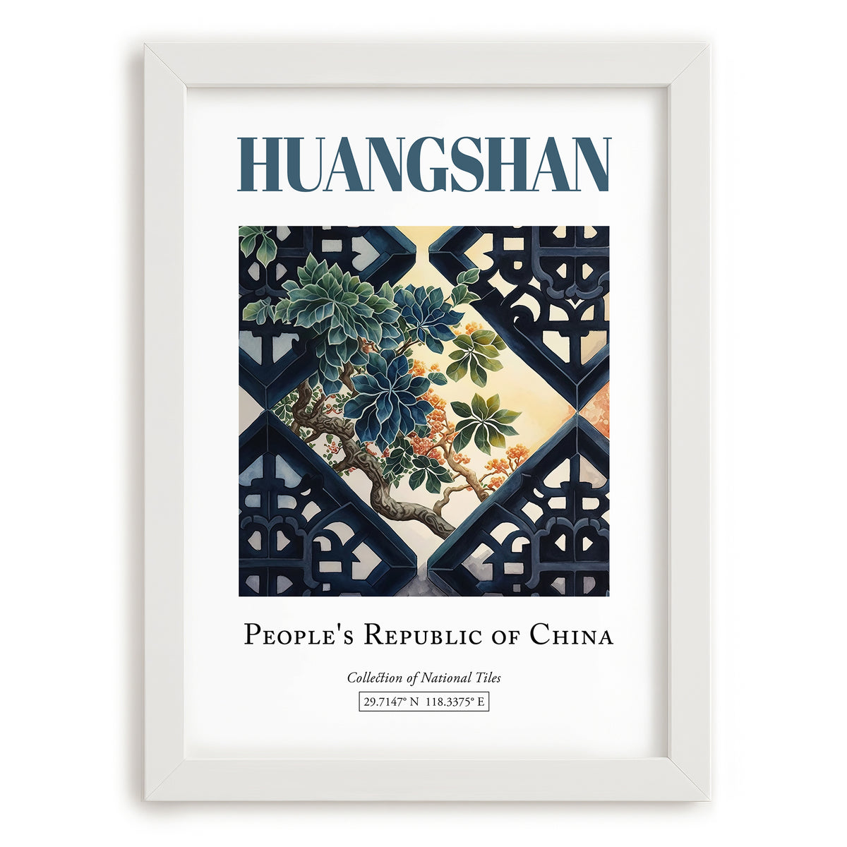 Huangshan, China – Travel Poster, placed in minimal white frame