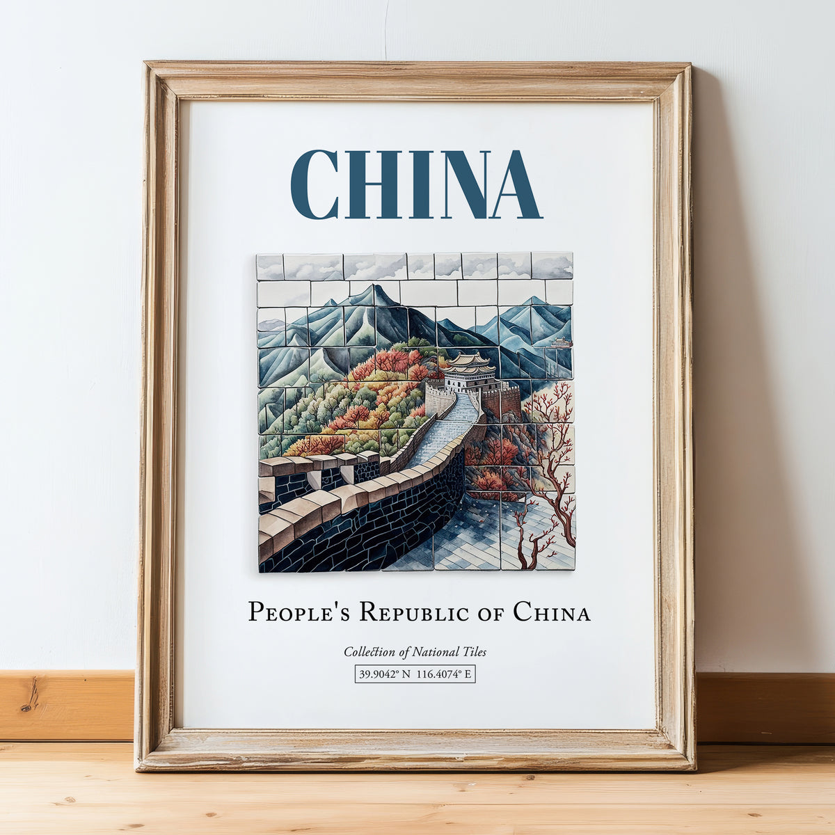 China, China – Travel Print, in wooden frame leaning on the floor