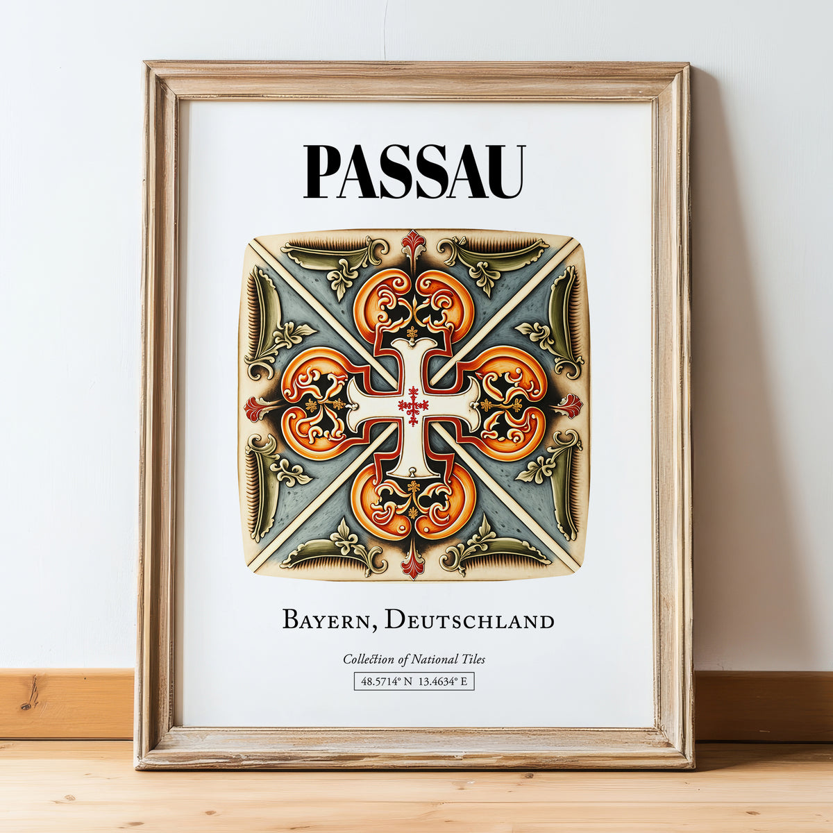Passau, Germany – Global Cities Wall Print, in wooden frame leaning on the floor