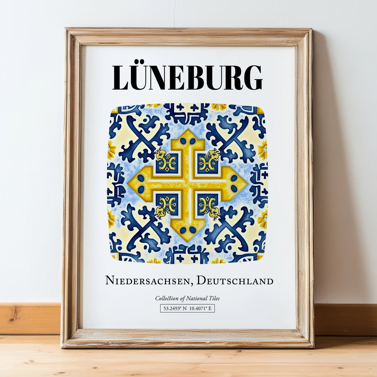 Lüneburg, Germany – Travel Poster, in wooden frame leaning on the floor