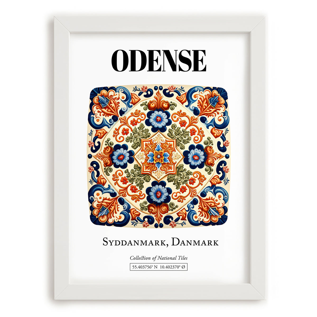 Odense, Denmark – Illustrated Travel Poster, placed in minimal white frame