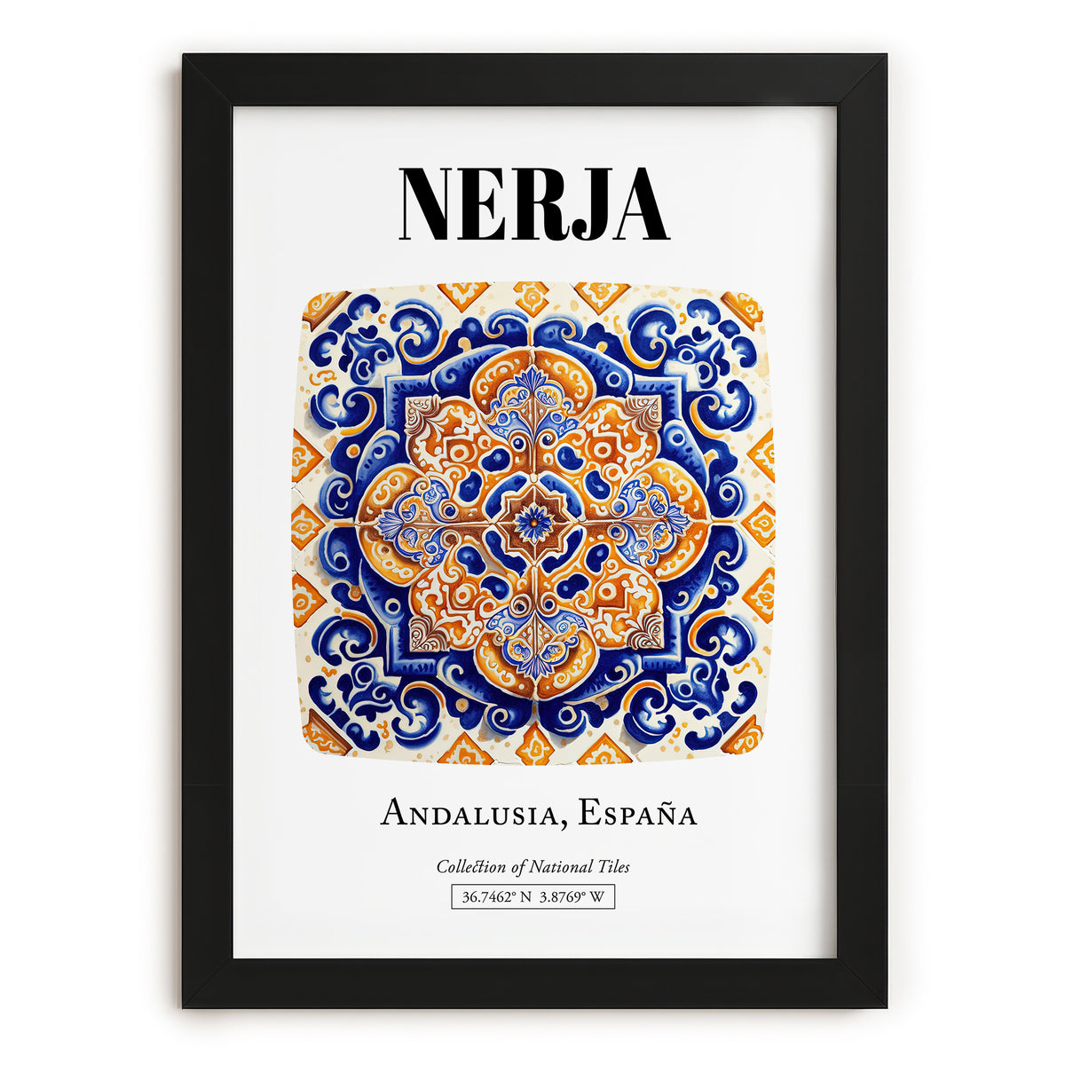 Nerja, Spain – Tourist Destination Poster, in sleek black frame