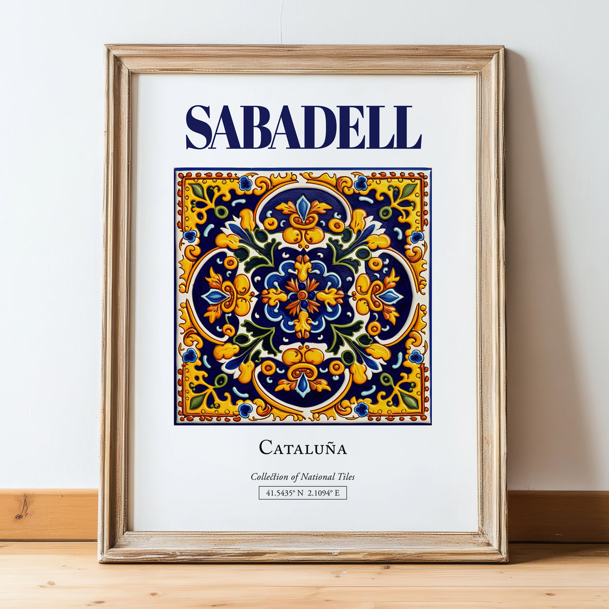 Sabadell, Spain – Cityscape Wall Art, in wooden frame leaning on the floor