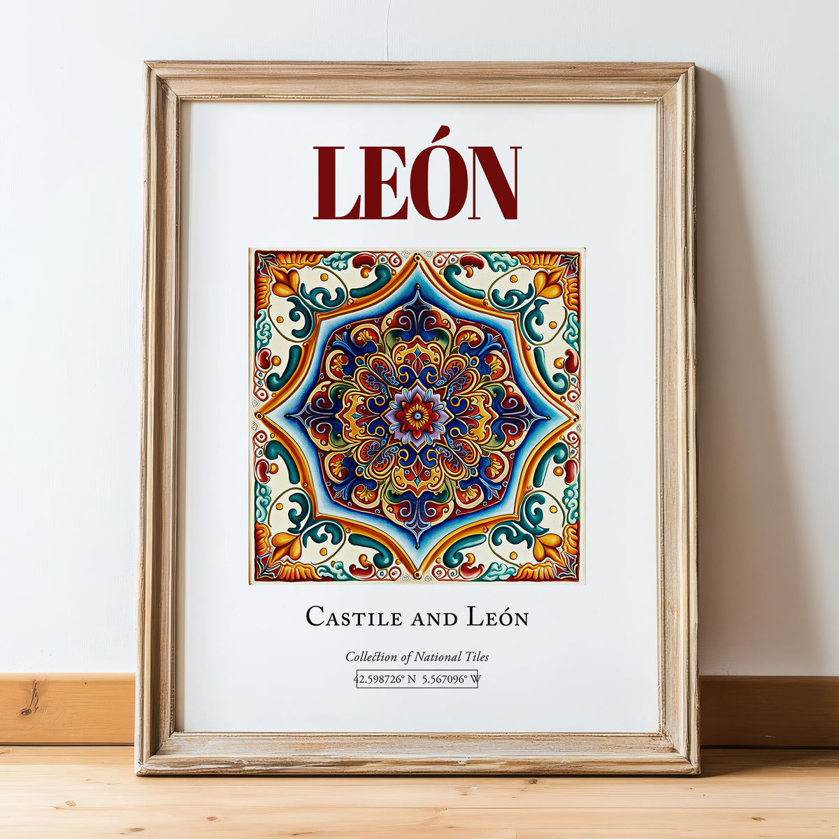 León, Spain – Travel Print, in wooden frame leaning on the floor