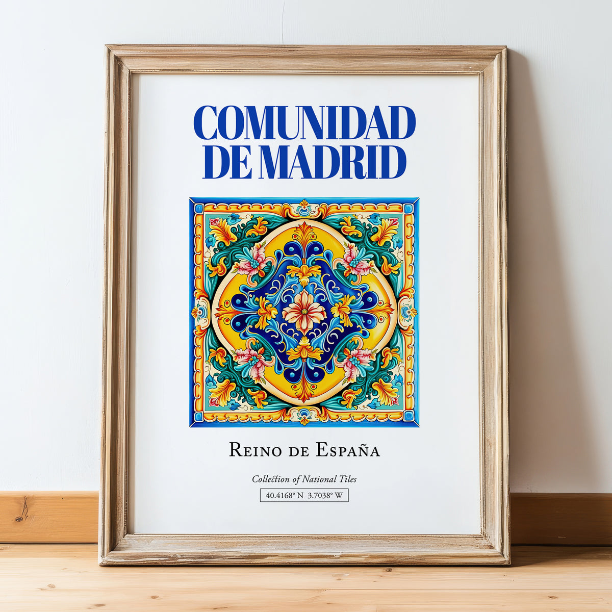 Comunidad de Madrid, Spain – Travel Poster, in wooden frame leaning on the floor