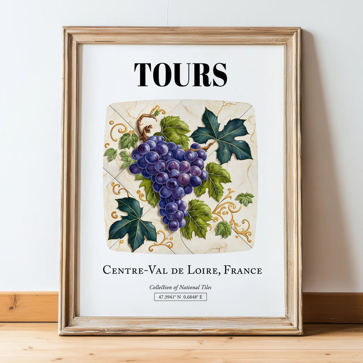 Tours, France – Cityscape Wall Art, in wooden frame leaning on the floor