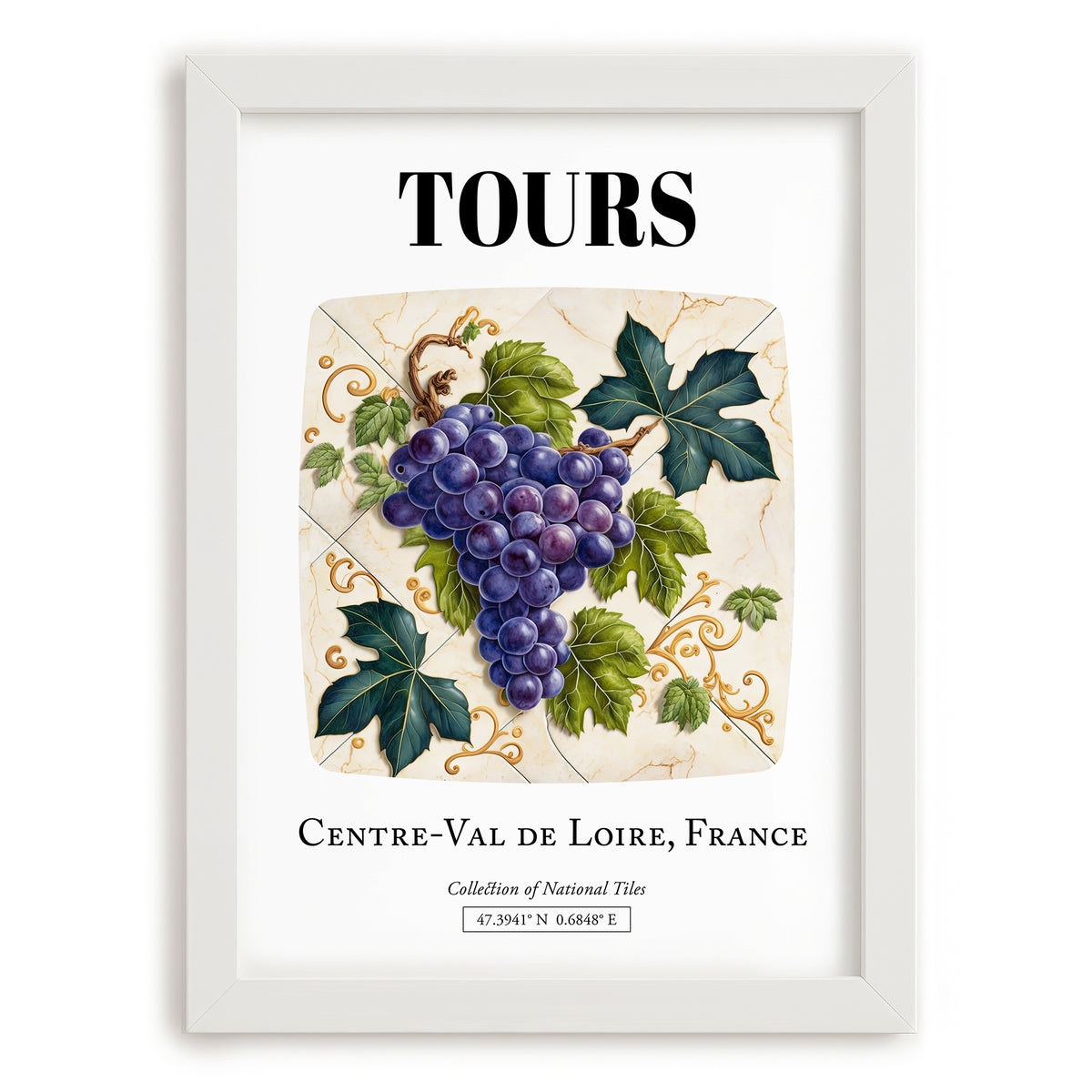 Tours, France – Cityscape Wall Art, placed in minimal white frame