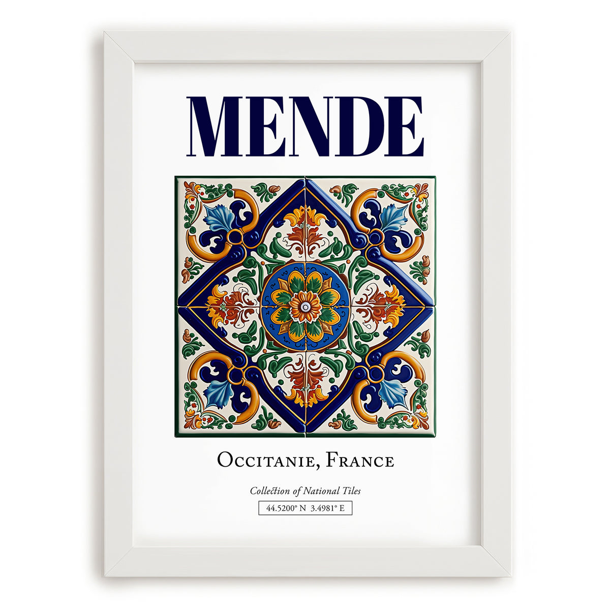 Mende, France – Retro Travel Poster, placed in minimal white frame