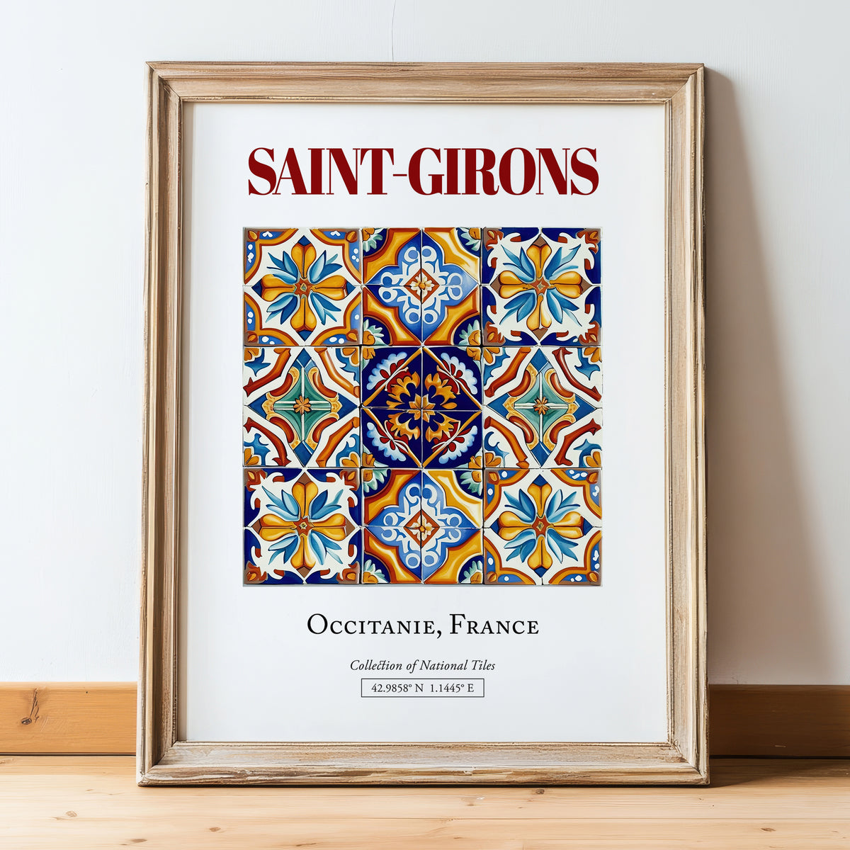 Saint-Girons, France – World Travel Art, in wooden frame leaning on the floor