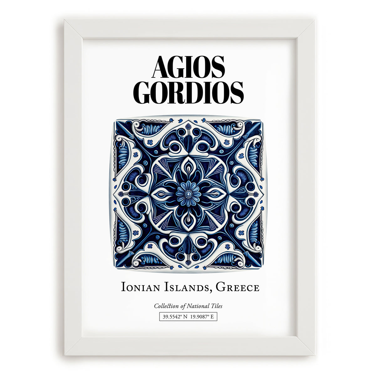 Agios Gordios, Greece – Away From Home Poster, placed in minimal white frame