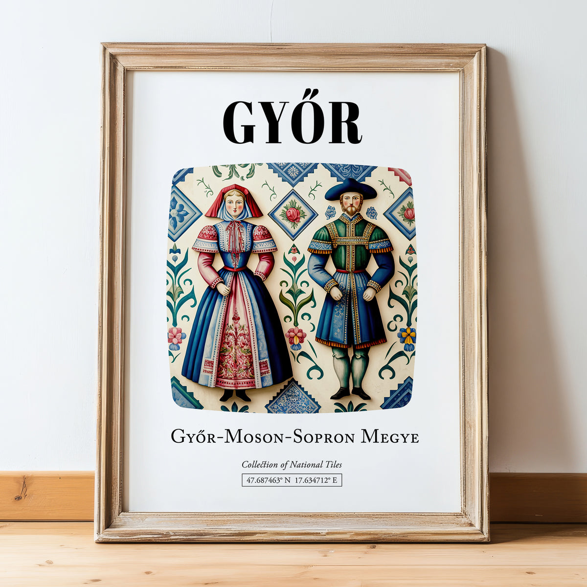 Győr, Hungary – Travel Poster, in wooden frame leaning on the floor