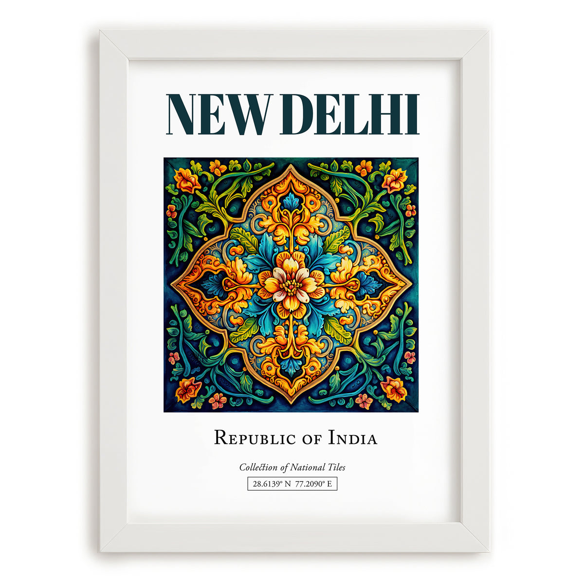 New Delhi, India – Travel Poster, placed in minimal white frame