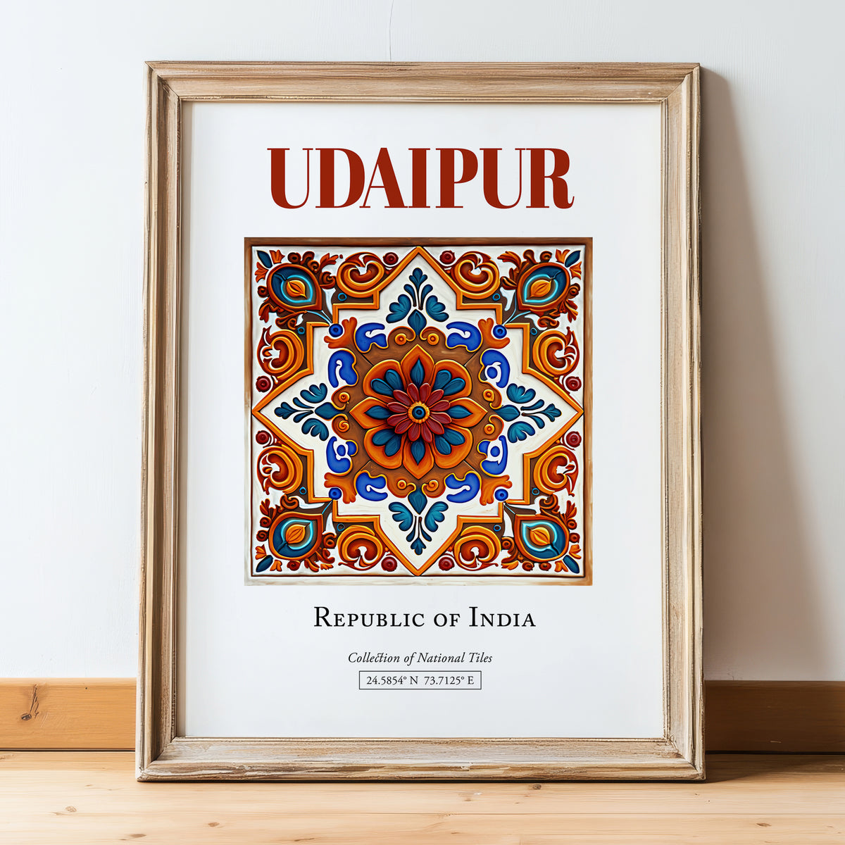 Udaipur, India – Travel Poster, in wooden frame leaning on the floor