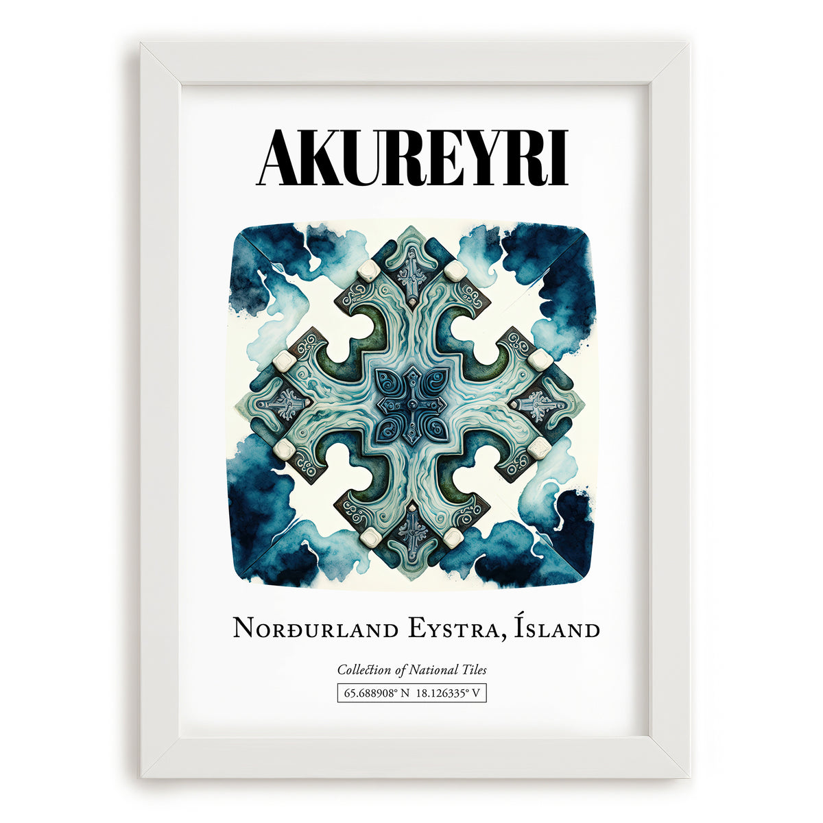 Akureyri, Iceland – Travel Wall Art, placed in minimal white frame