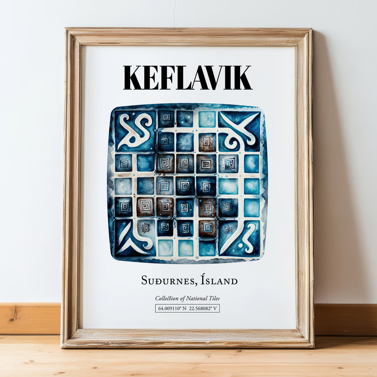 Keflavik, Iceland – Tourist Destination Poster, in wooden frame leaning on the floor