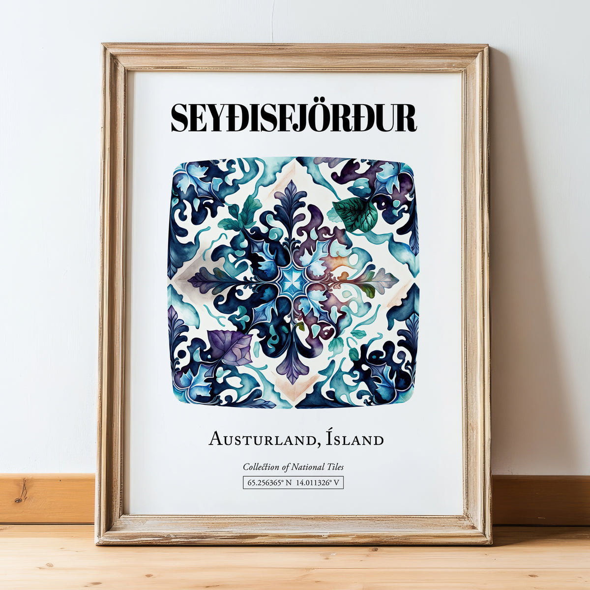 Seyðisfjörður, Iceland – Travel Poster, in wooden frame leaning on the floor
