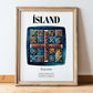 Ísland, Iceland – World Heritage Travel Poster, in wooden frame leaning on the floor