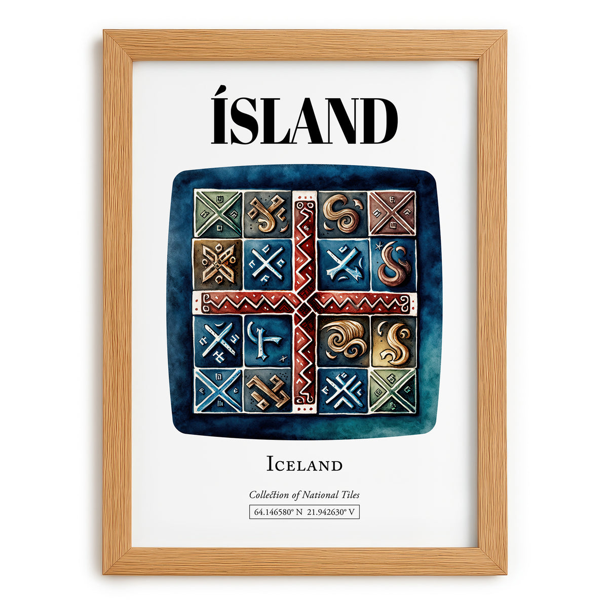 Ísland, Iceland – World Heritage Travel Poster, set in oak frame