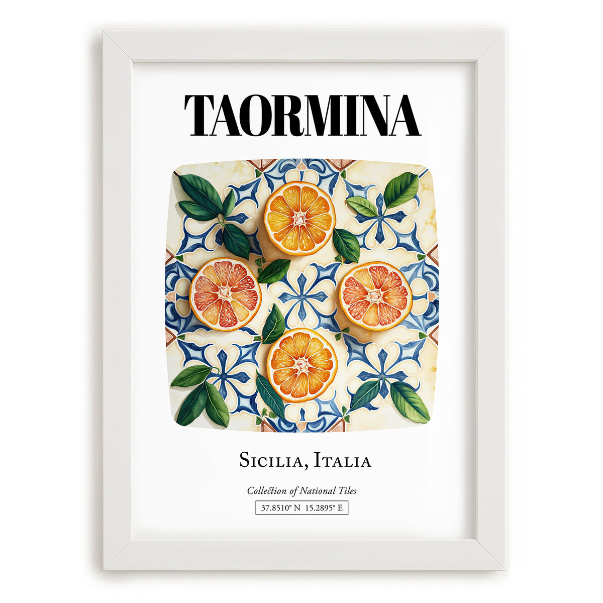 Taormina, Italy – Illustrated Travel Poster, placed in minimal white frame