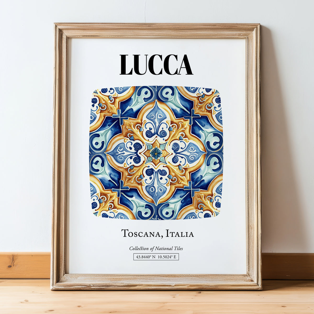 Lucca, Italy – Travel Poster, in wooden frame leaning on the floor