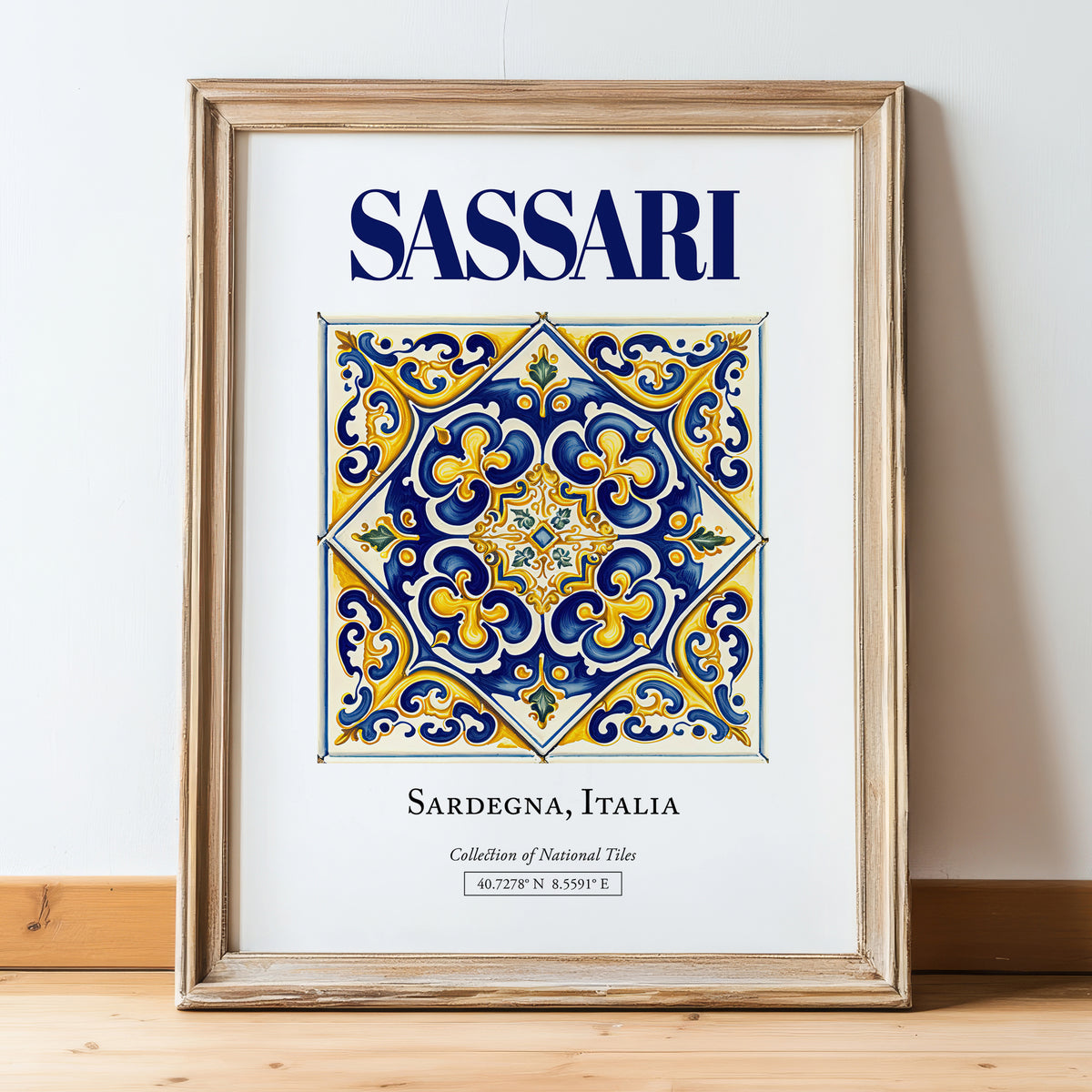 Sassari, Italy – Travel Wall Art, in wooden frame leaning on the floor