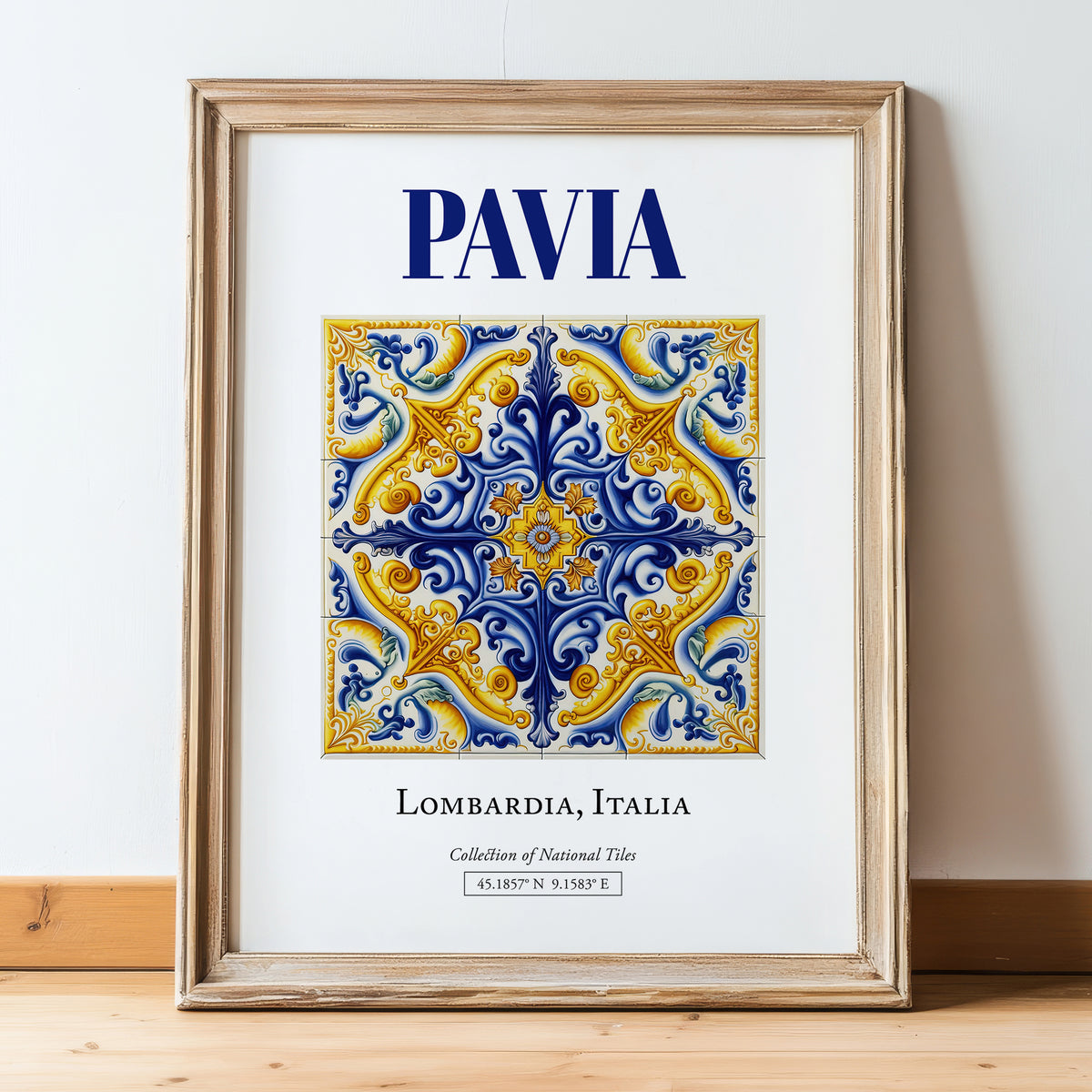 Pavia, Italy – Travel Wall Art, in wooden frame leaning on the floor