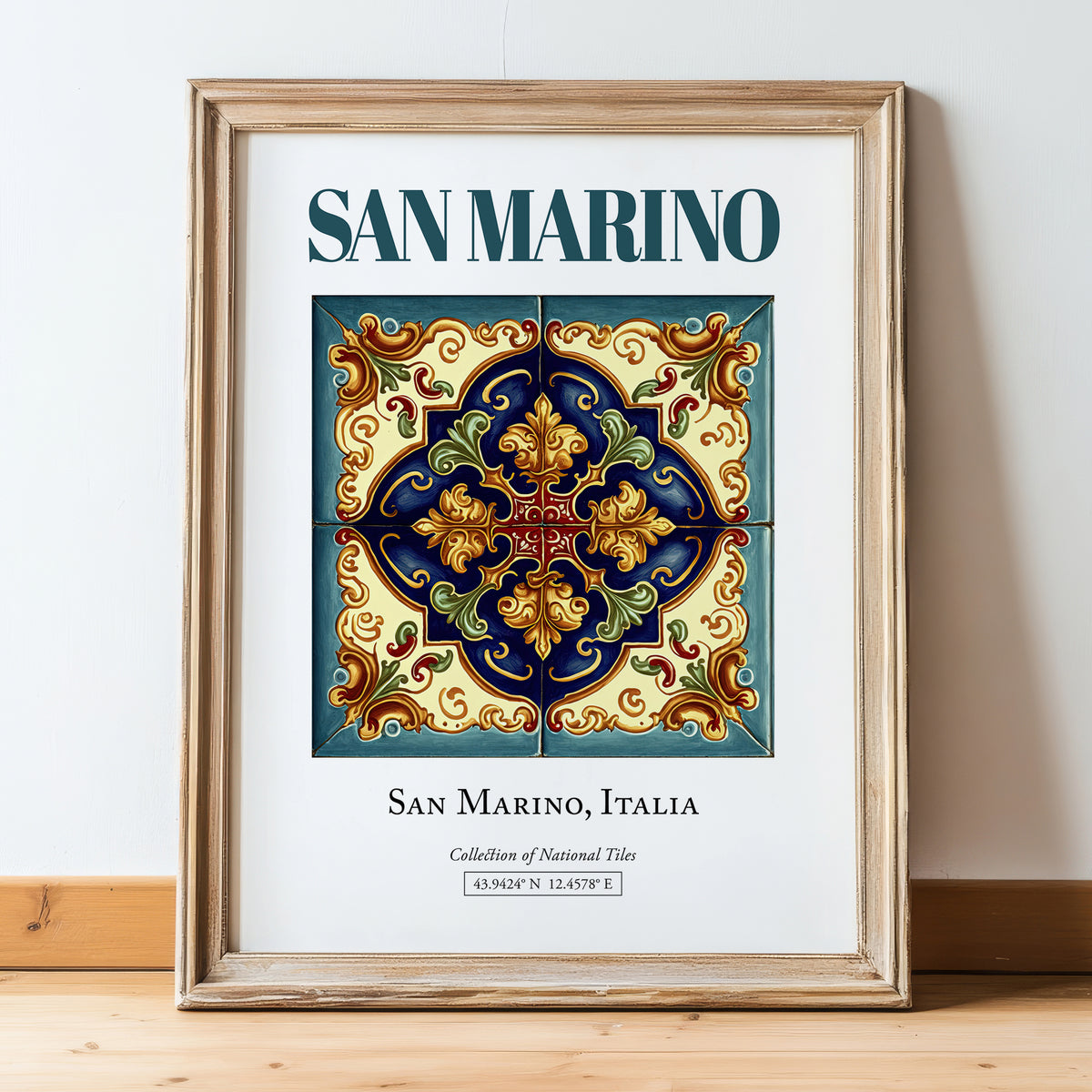 San Marino, Italy – Country Culture Poster, in wooden frame leaning on the floor