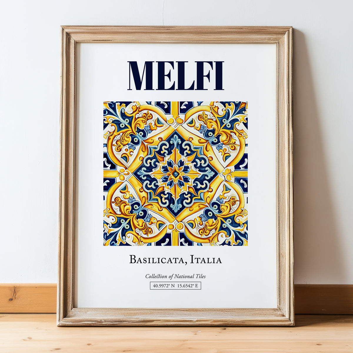 Melfi, Italy – Vintage Travel Poster, in wooden frame leaning on the floor