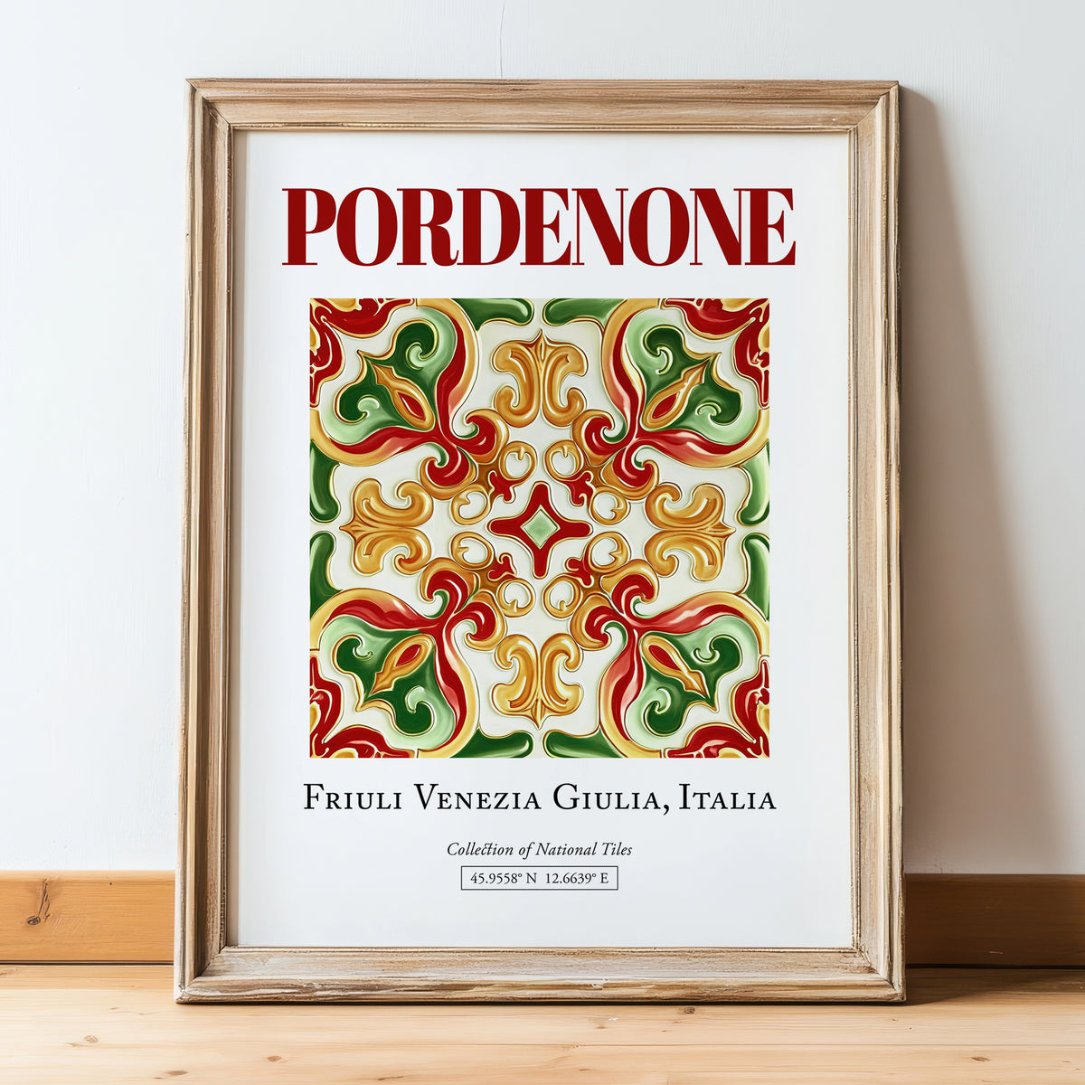 Pordenone, Italy – Historic Cities Art Print, in wooden frame leaning on the floor