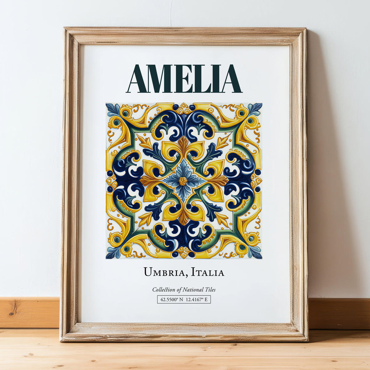 Amelia, Italy – Minimalist Travel Print, in wooden frame leaning on the floor