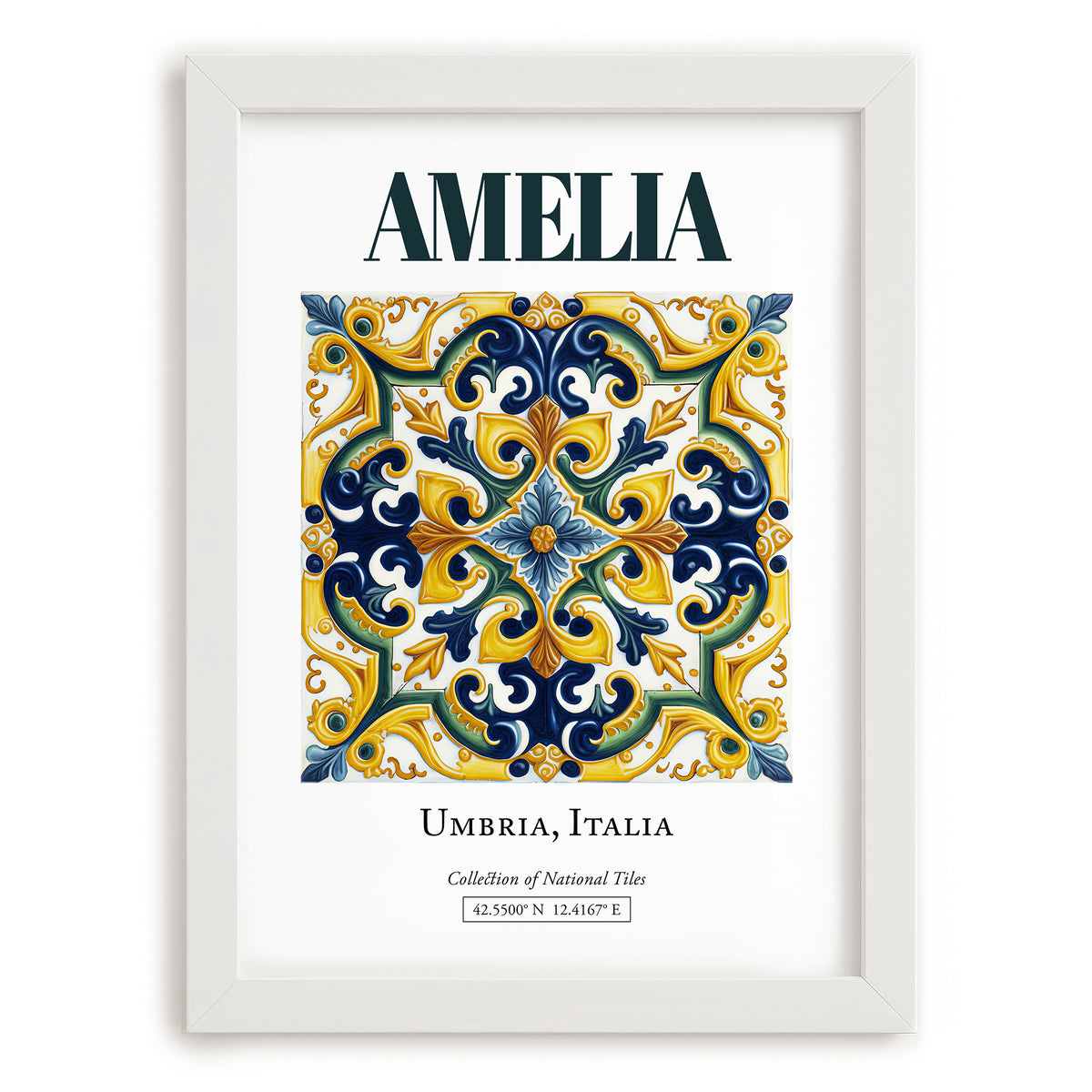 Amelia, Italy – Minimalist Travel Print, placed in minimal white frame