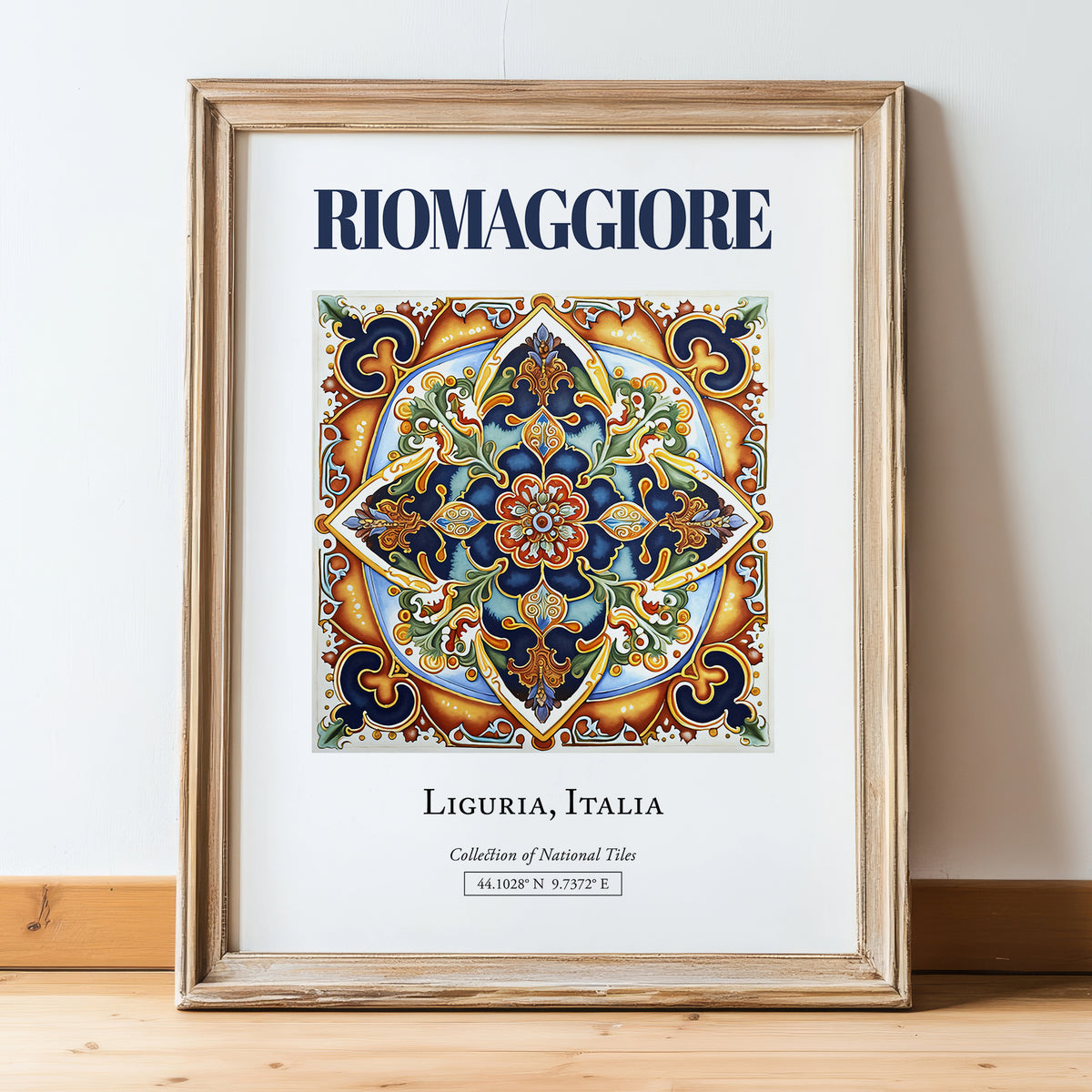 Riomaggiore, Italy – Travel Poster, in wooden frame leaning on the floor