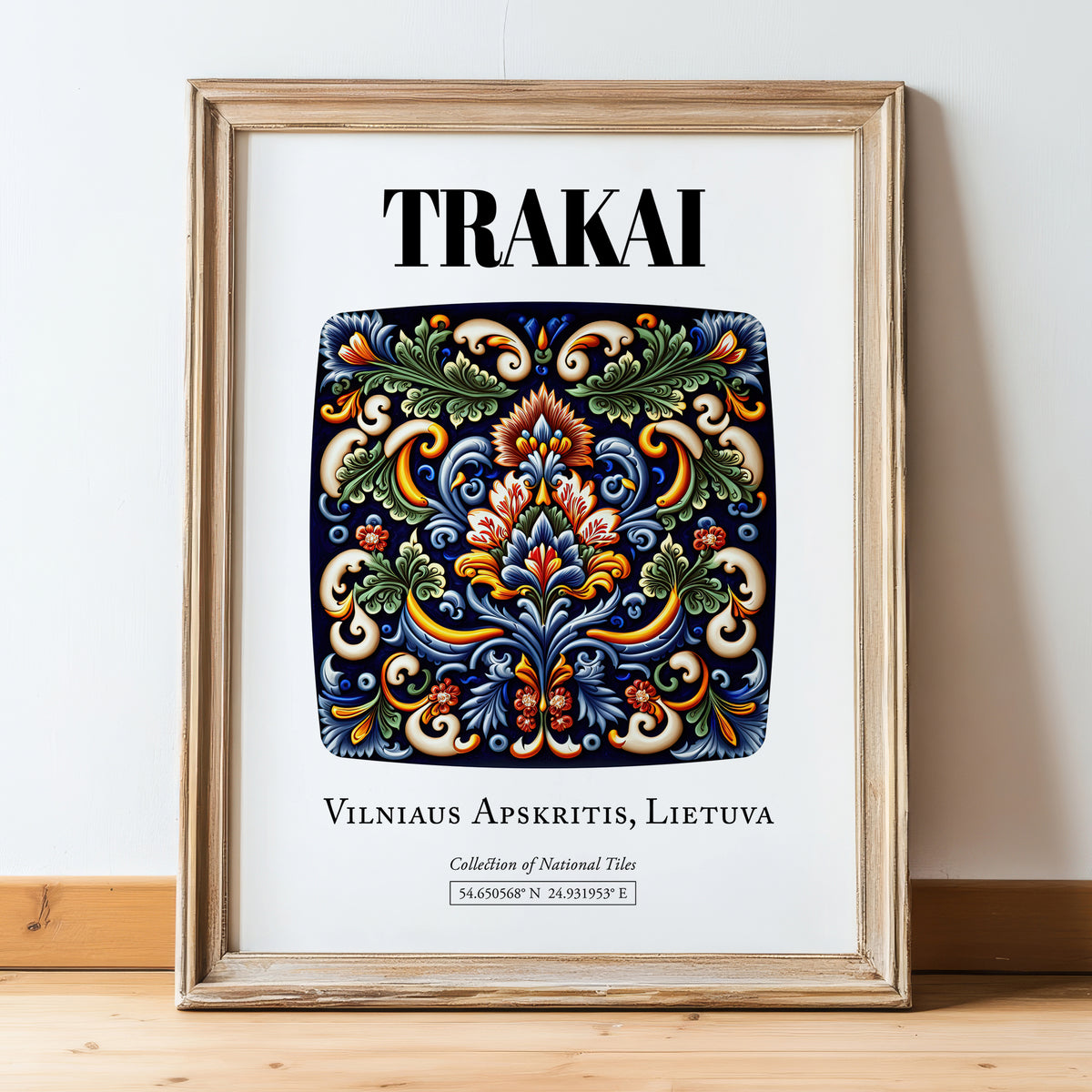 Trakai, Lithuania – Travel Poster, in wooden frame leaning on the floor