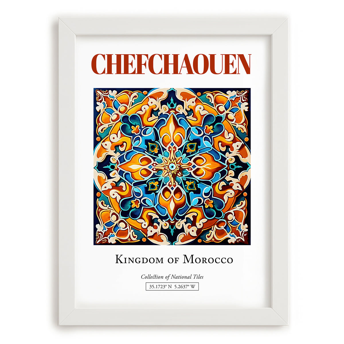 Chefchaouen, Morocco – Cityscape Wall Art, placed in minimal white frame