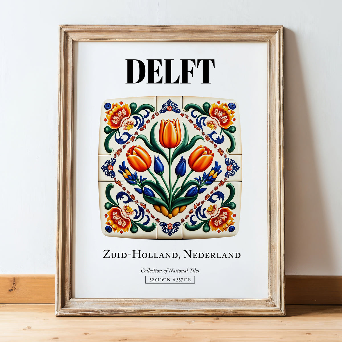 Delft, Netherlands – Country Culture Poster, in wooden frame leaning on the floor