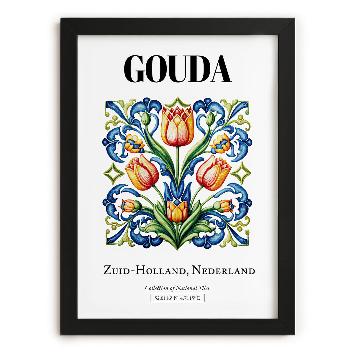 Gouda, Netherlands – Illustrated Travel Poster, in sleek black frame