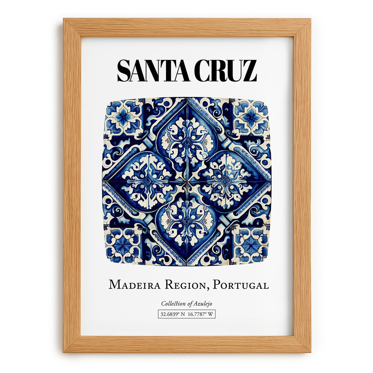 Santa Cruz, Portugal – Minimalist Travel Print, set in oak frame