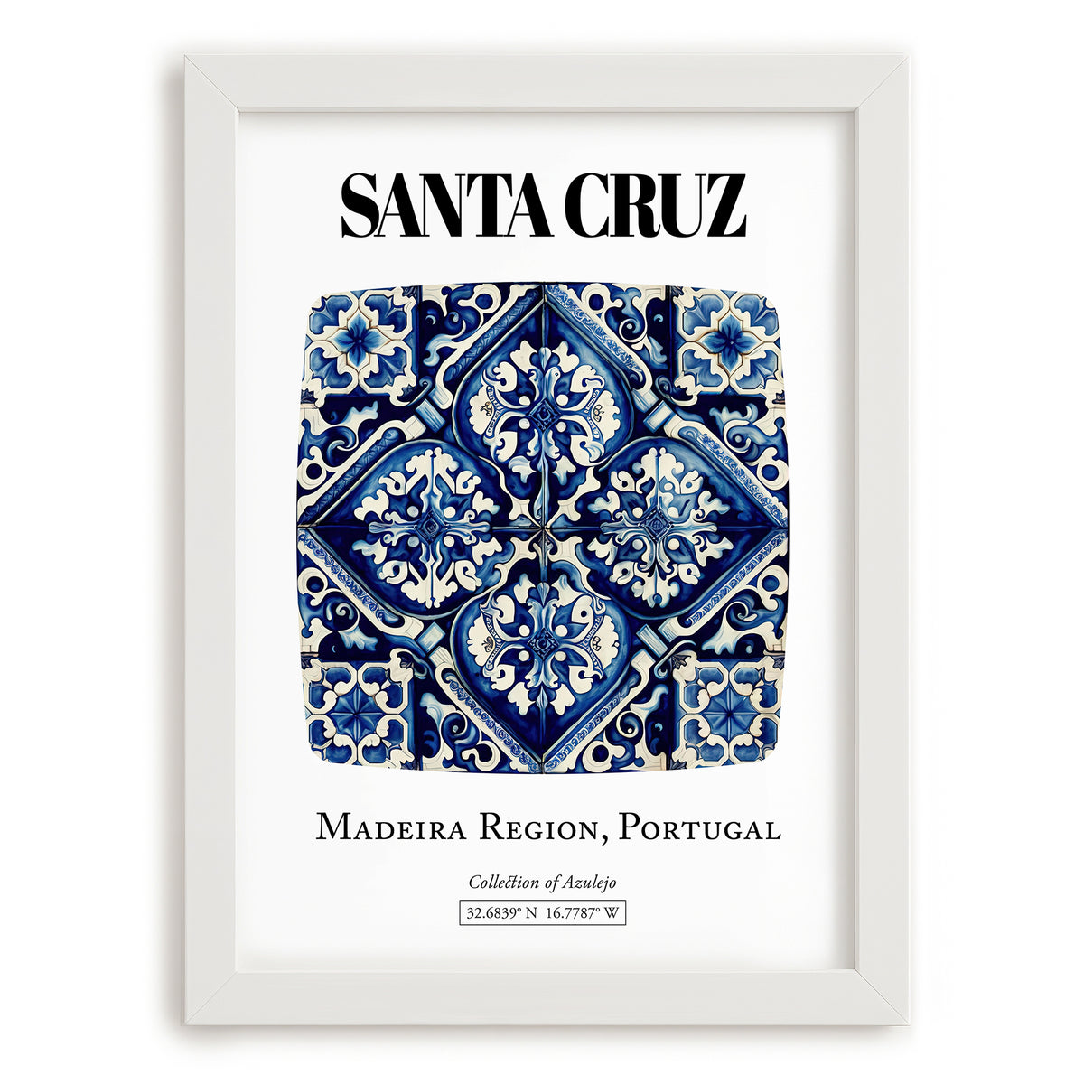 Santa Cruz, Portugal – Minimalist Travel Print, placed in minimal white frame