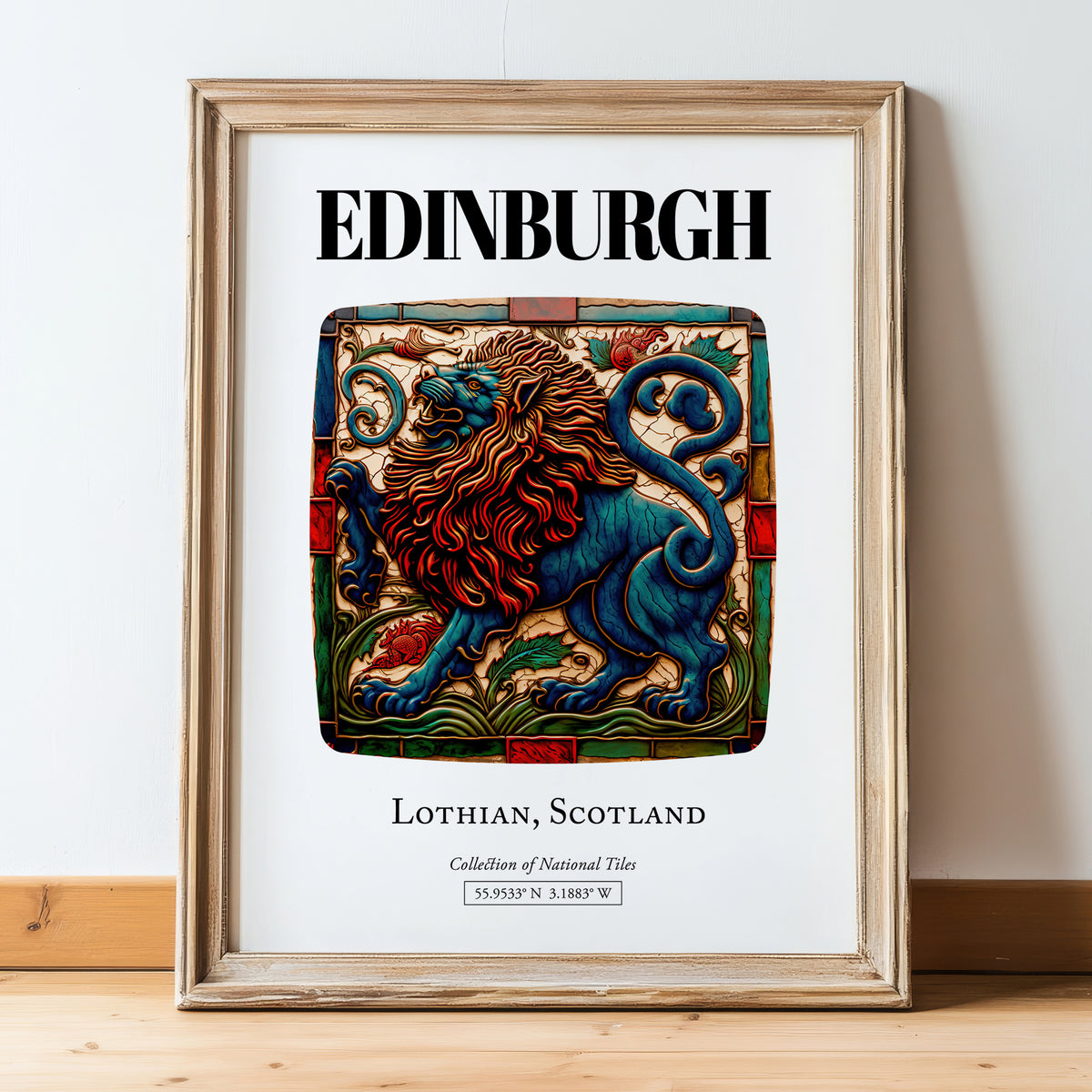 Edinburgh, Scotland – Travel Poster, in wooden frame leaning on the floor