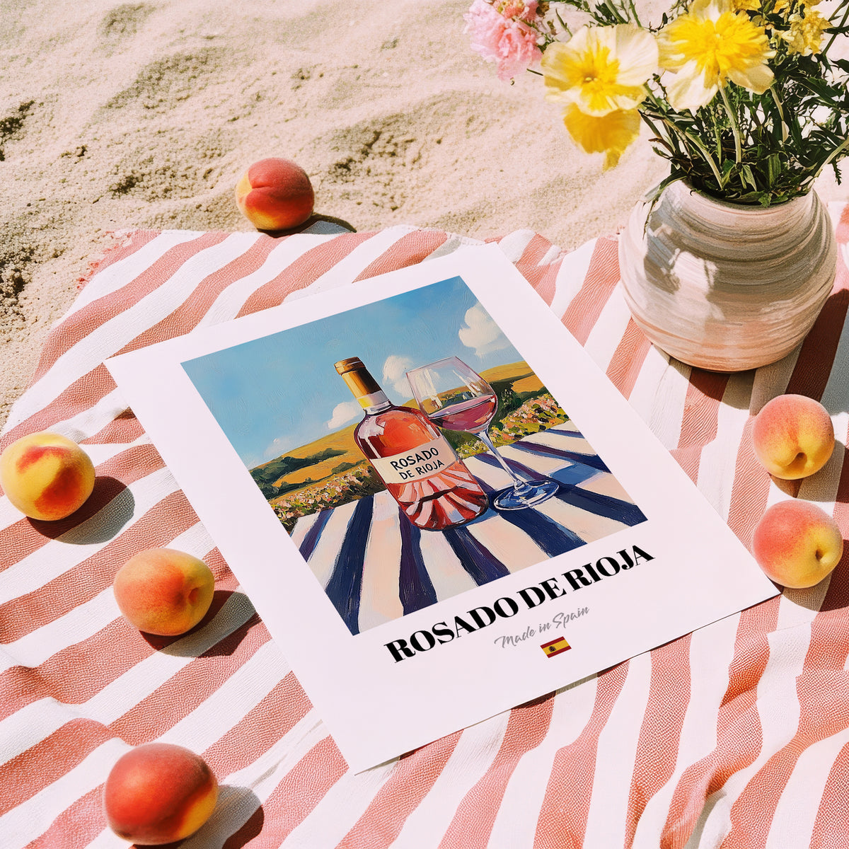 Rosado de Rioja – Spanish Rose Wine, Wine Bar Poster, unframed on coastal sand