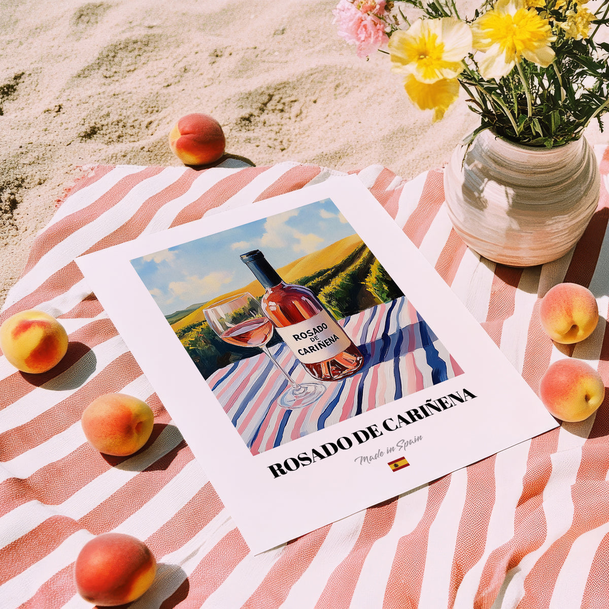 Rosado de Cariñena – Spanish Rose Wine, Wine Bar Poster, unframed on coastal sand