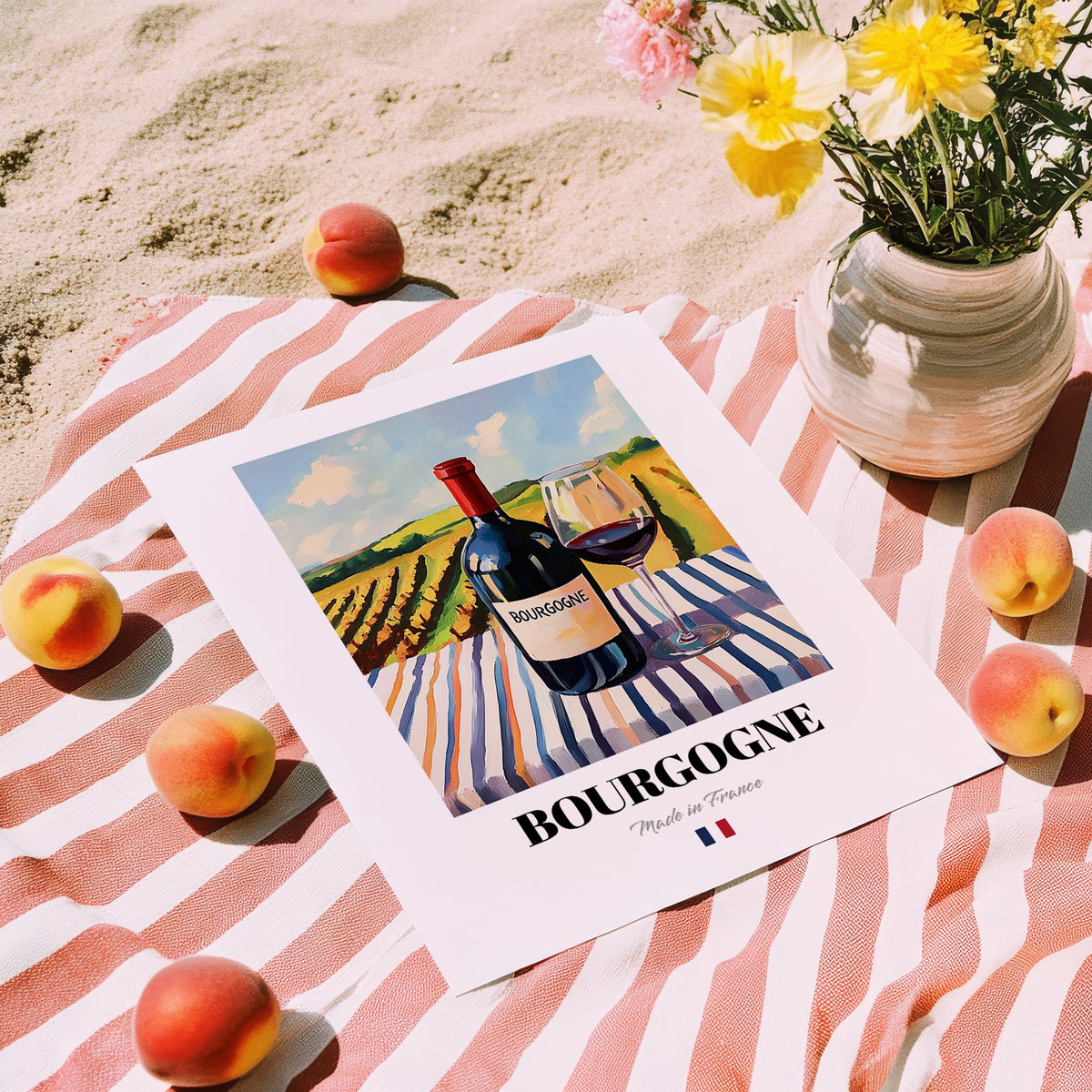 Bourgogne – French Red Wine, Vinoteca Print, unframed on coastal sand
