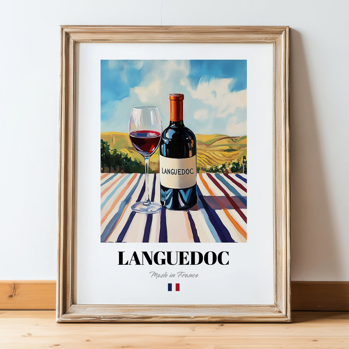 Languedoc – French Red Wine, Enoteca Wall Decor, in wooden frame leaning on the floor
