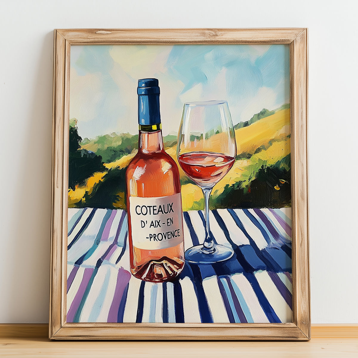 Coteaux d'Aix-en-Provence – French Rose Wine, Vineyard Terrace Wall Art, no-text version framed in wood