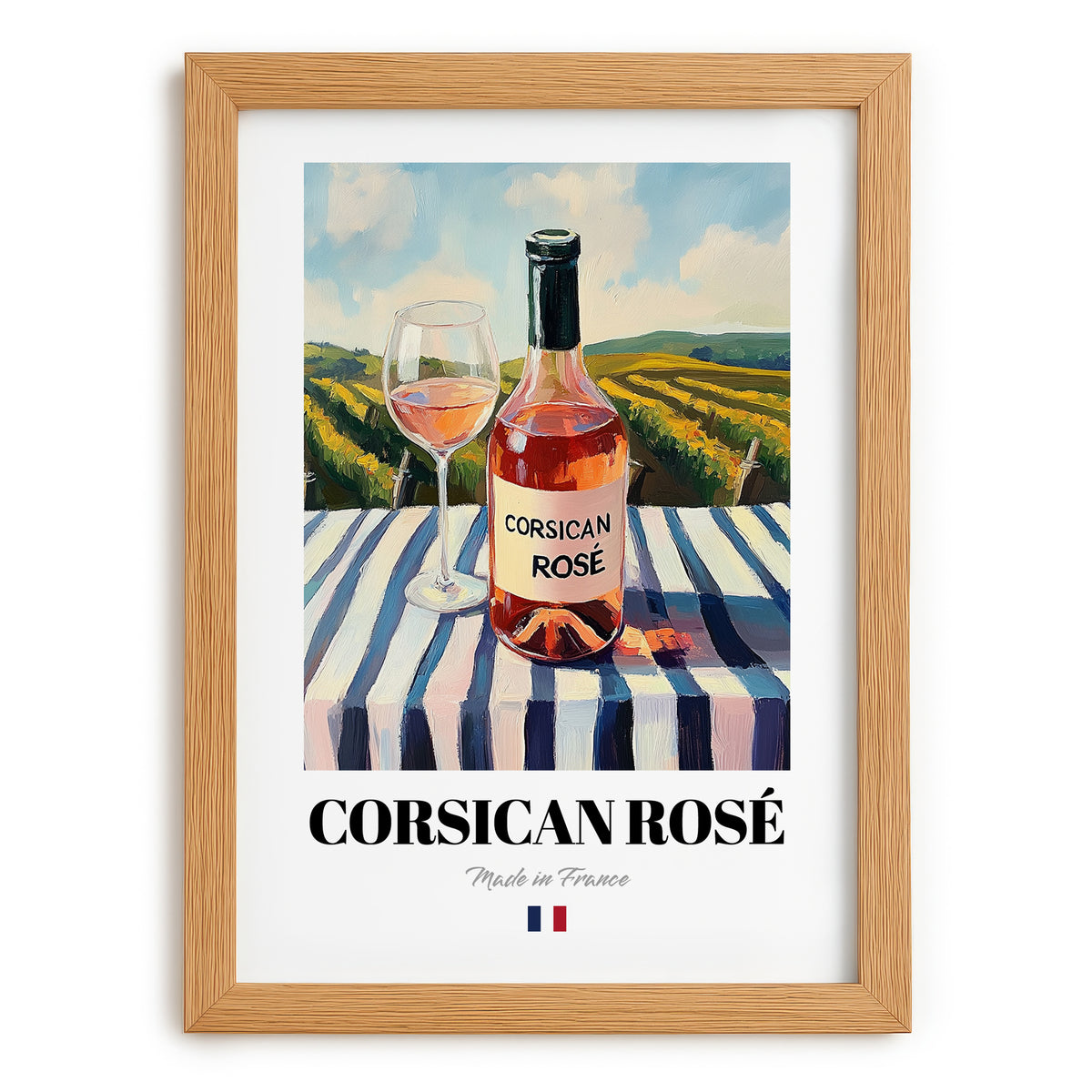 Corsican Rosé – French Rose Wine, Bodega Print, set in oak frame