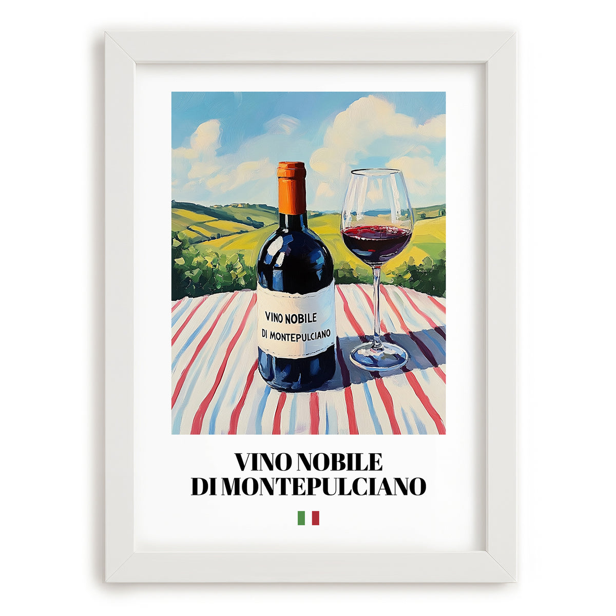 Vino Nobile di Montepulciano – Italian Red Wine, Vineyard Terrace Poster, placed in minimal white frame